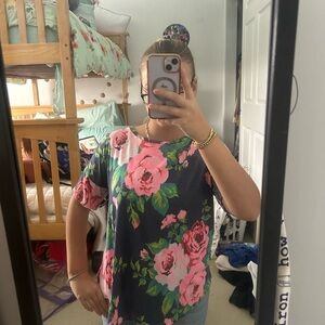 Floral Top with Pink Roses Crisscross Back
